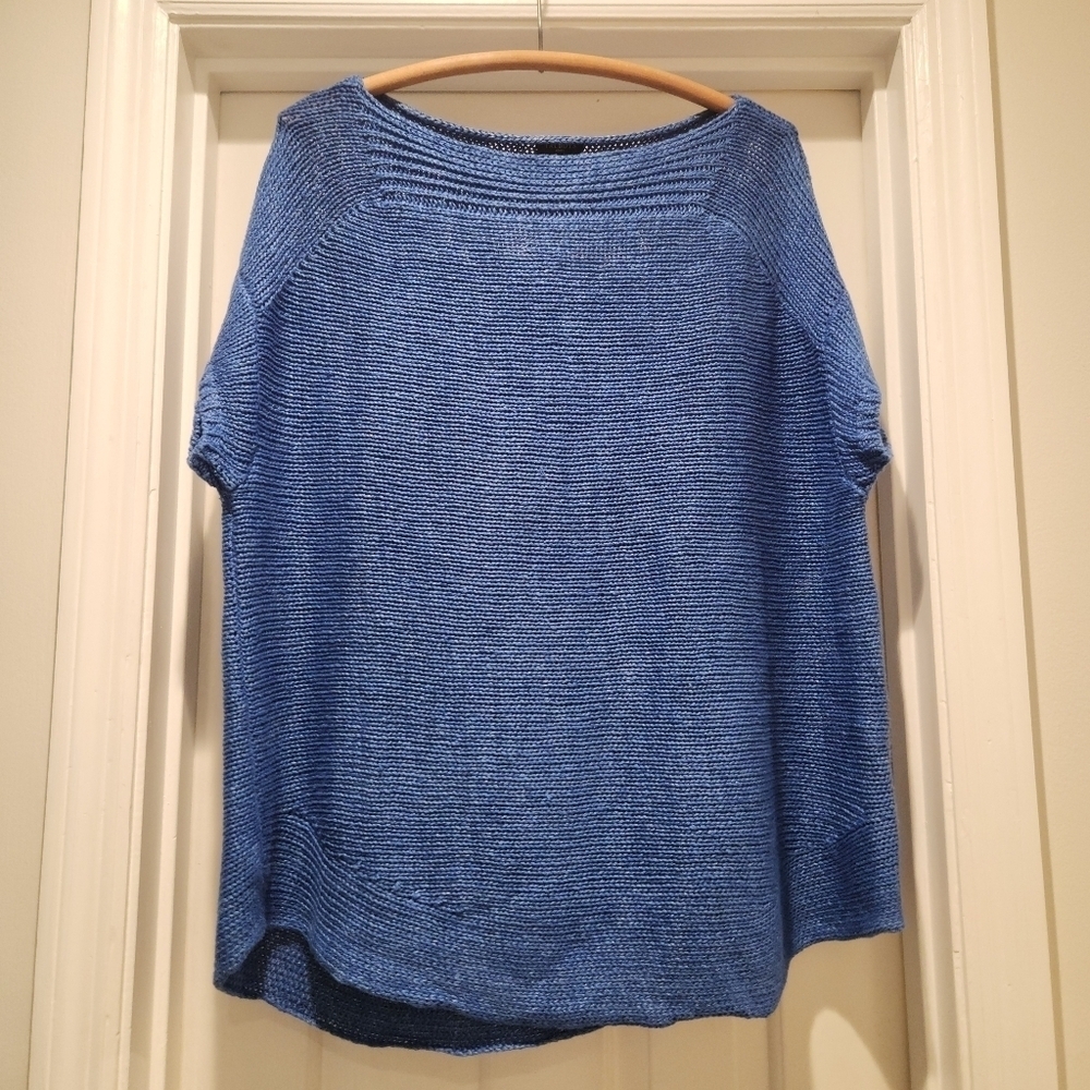 Talbots Women 1X Blue Linen Open Knit Lagenlook Cap Sleeves Boho Beachy